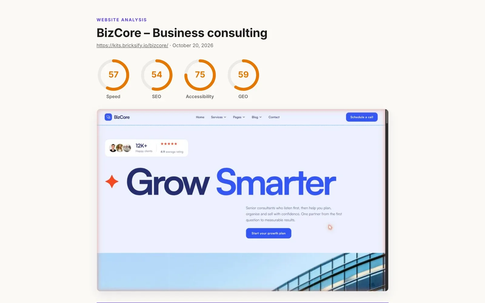 Pickode client report with score rings, prioritized fixes and audit sections