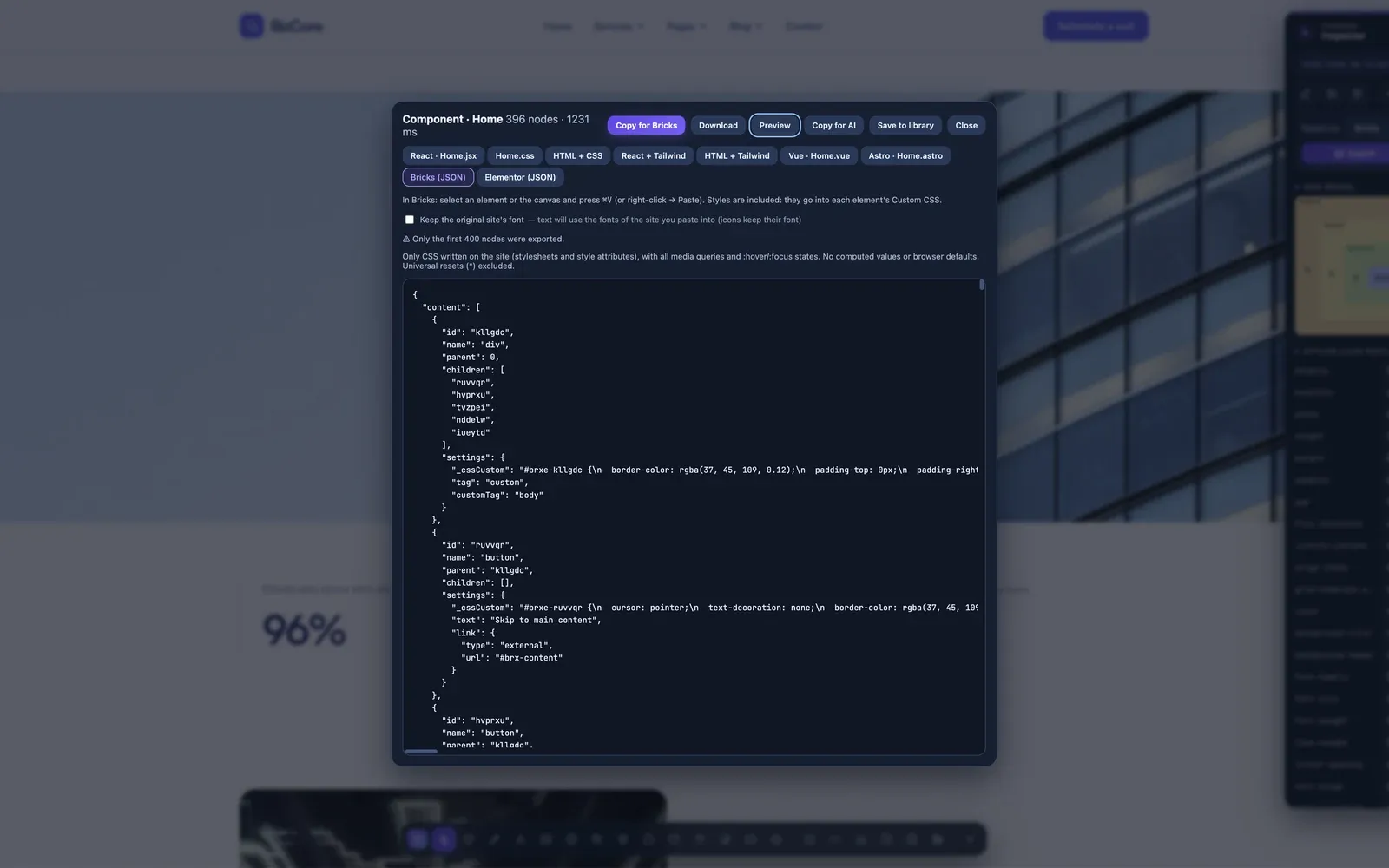 Bricks editor structure panel with the elements pasted from Pickode