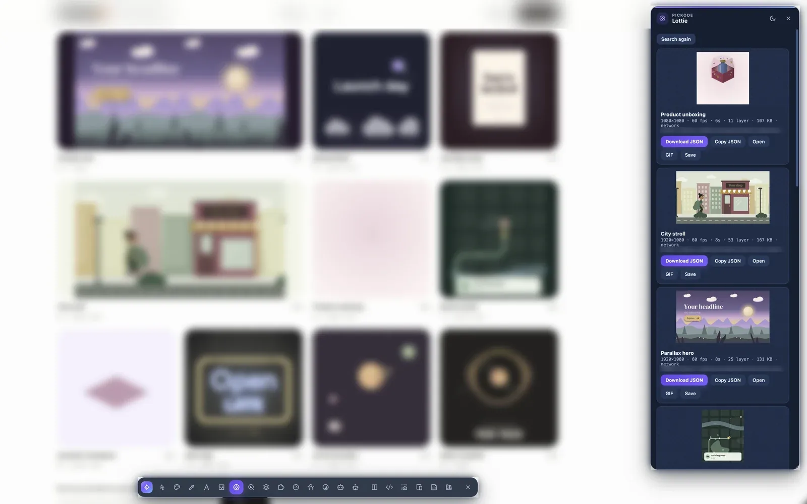 Pickode Lottie player with speed and frame controls next to the GIF export settings