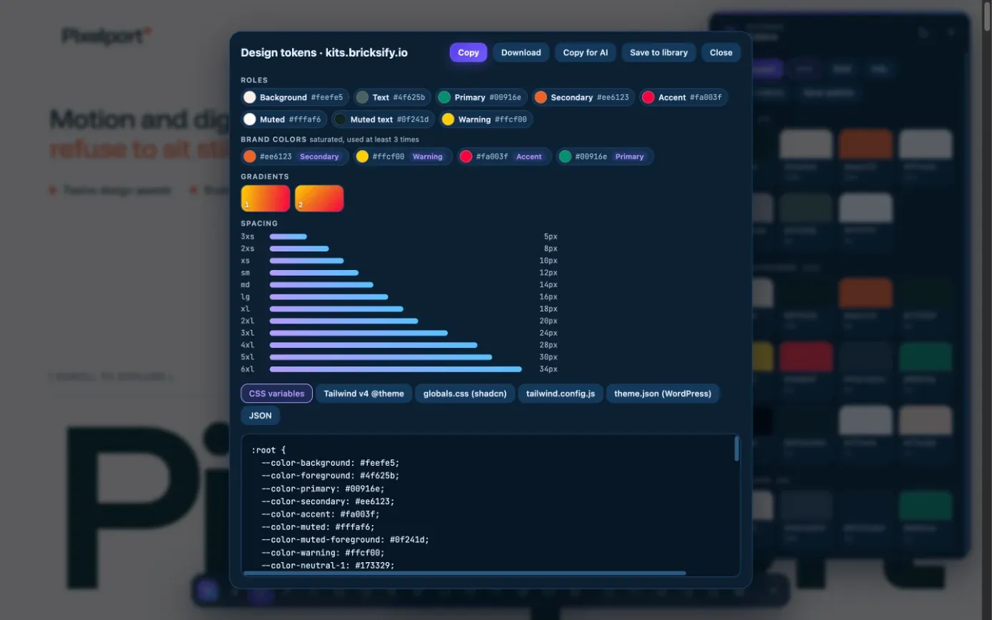 Pickode design tokens window with color roles, gradients and spacing
