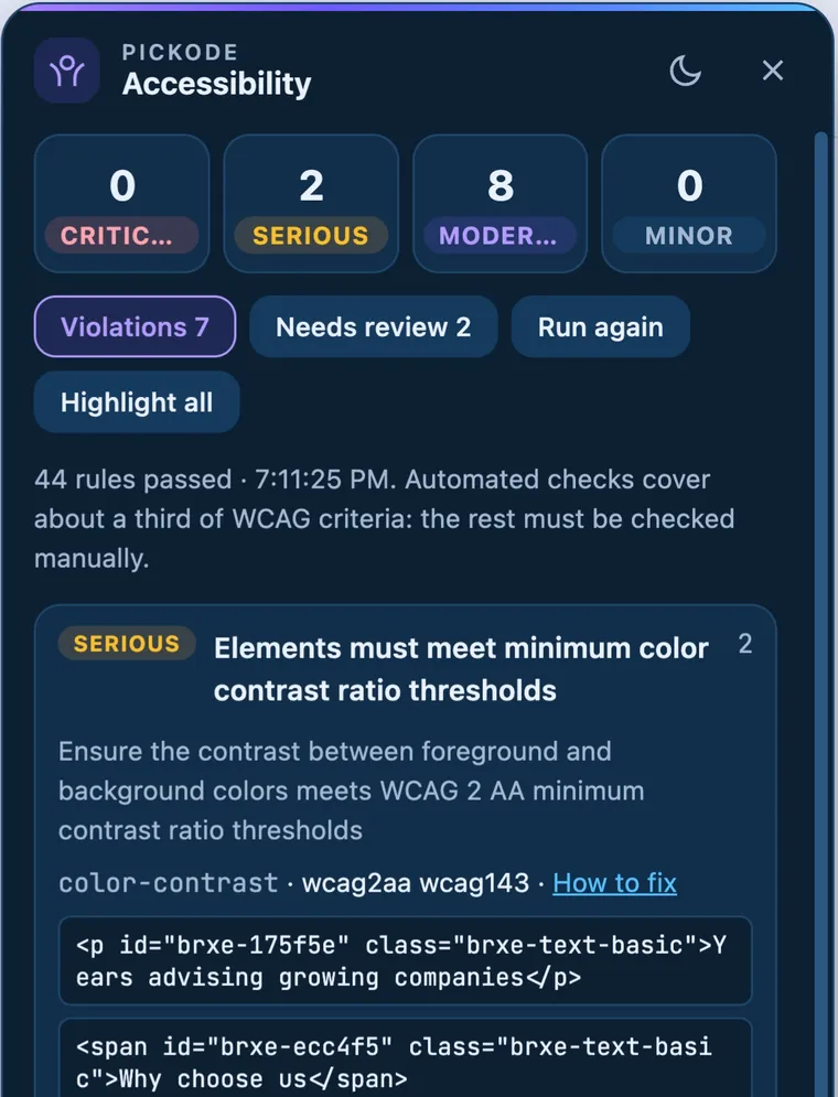 Pickode Accessibility panel: WCAG 2.2 violations by severity with highlighted nodes