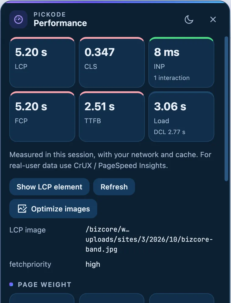 Pickode Performance panel: LCP, CLS, INP, page weight and render-blocking resources