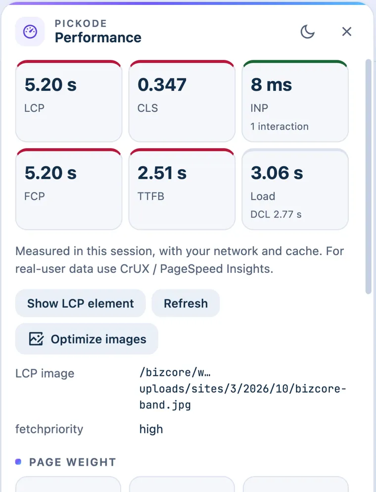 Pickode Performance panel: LCP, CLS, INP, page weight and render-blocking resources