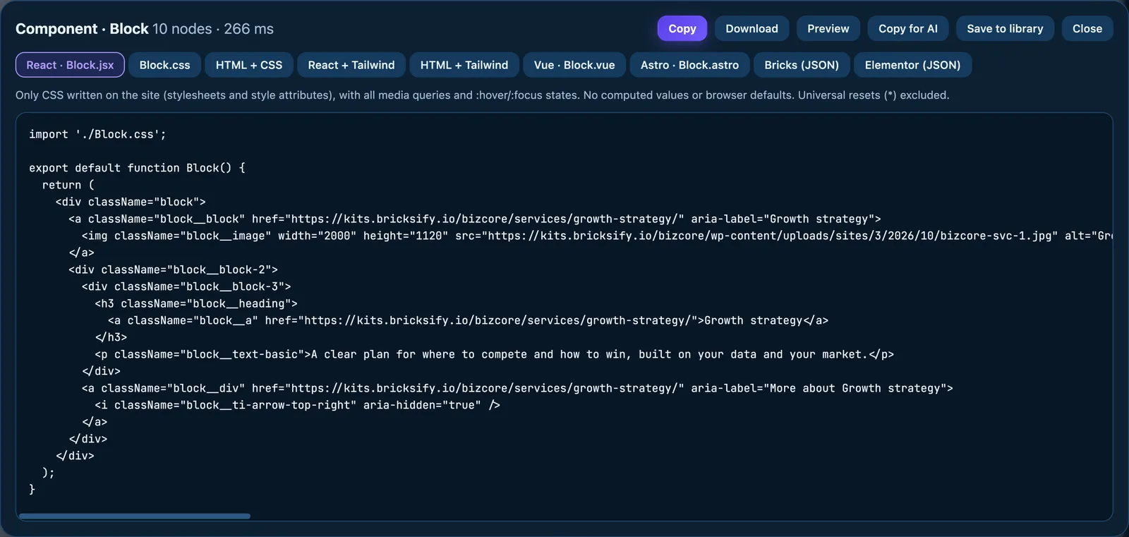 Pickode export window with tabs for React, HTML, Tailwind, Vue, Astro, Bricks and Elementor