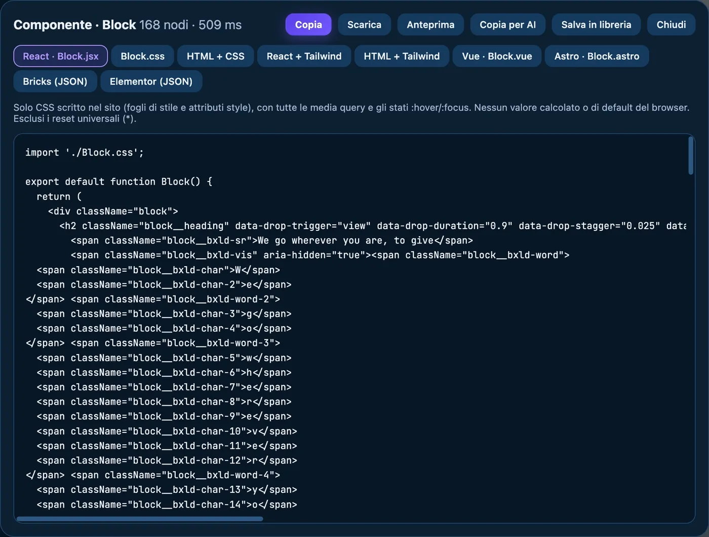 Finestra di export di Pickode con le schede React, HTML, Tailwind, Vue, Astro, Bricks ed Elementor